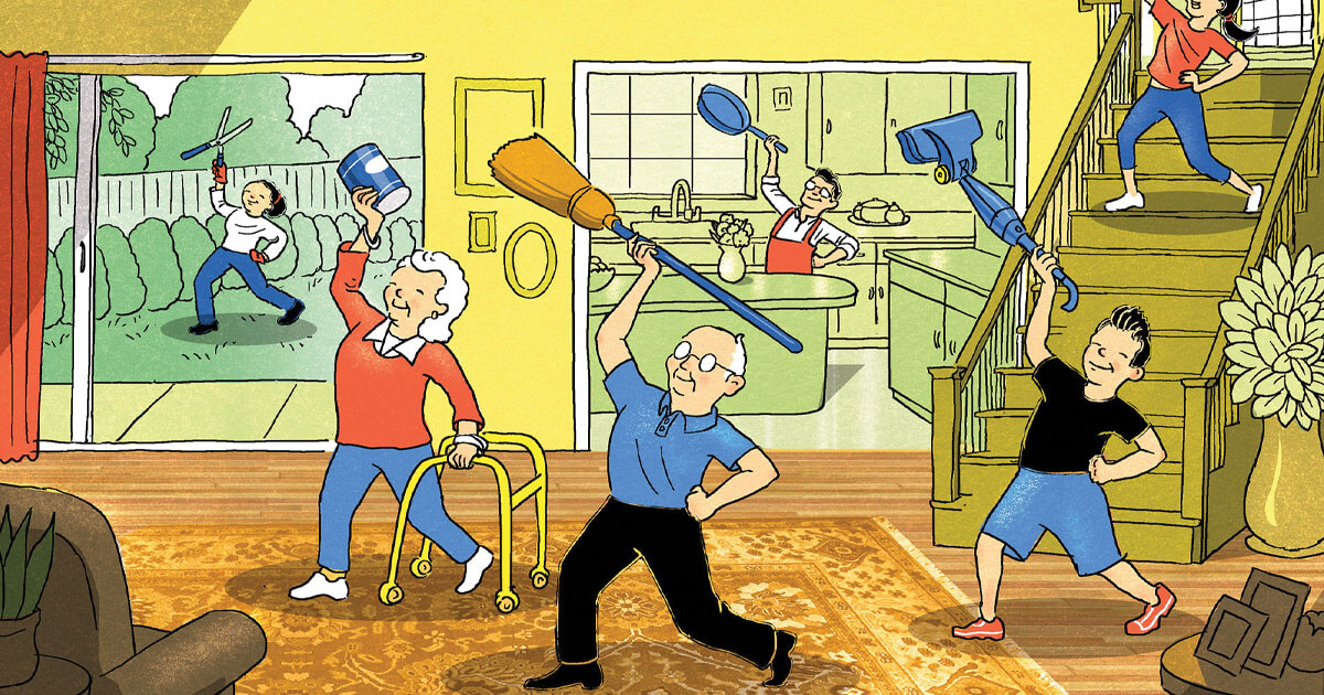 Ilustrasi NEAT aktivitas harian: orang menyapu, berkebun, dan berjalan kaki di rumah