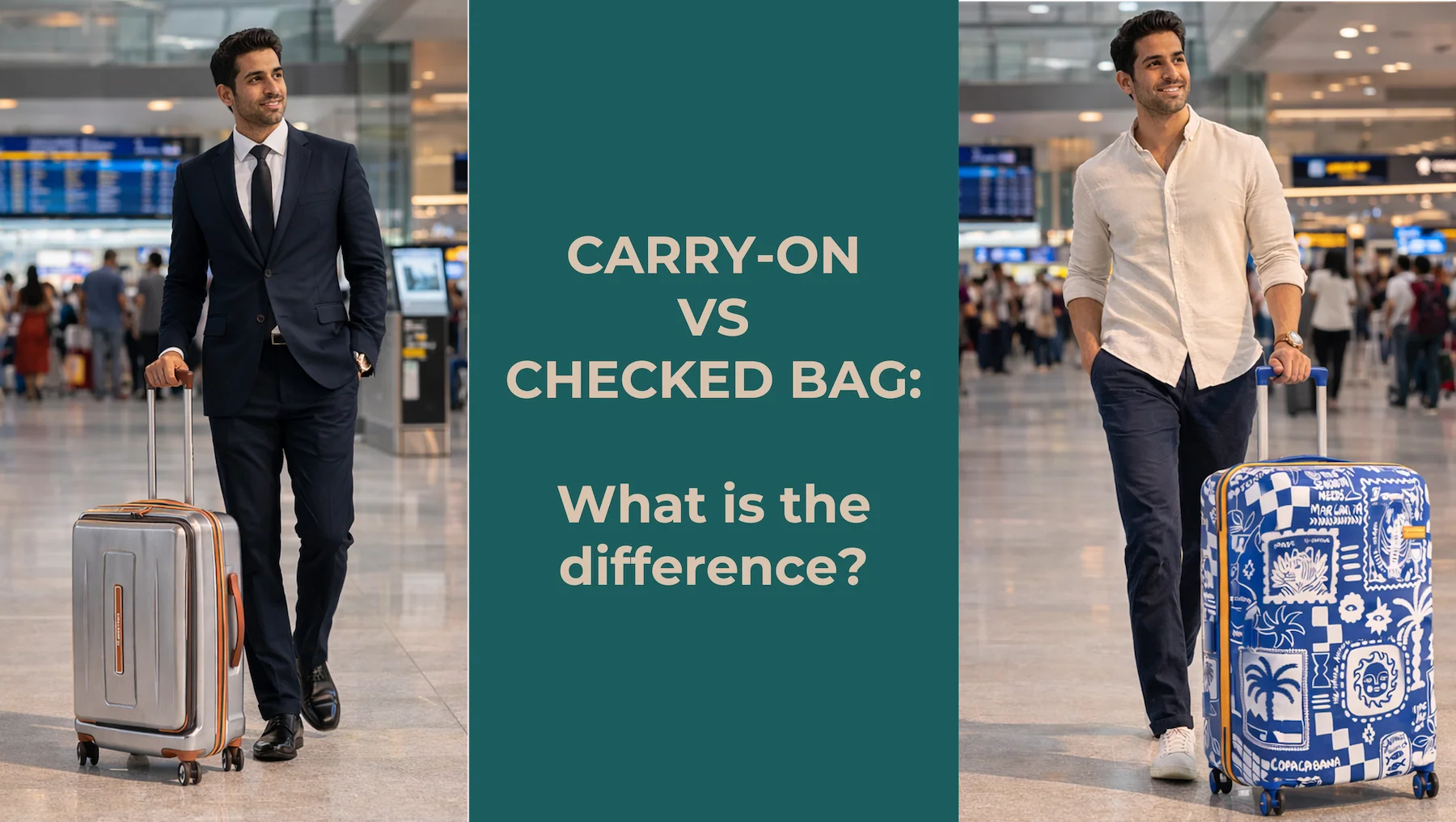 Ilustrasi perbandingan koper carry-on dan bagasi check-in di bandara